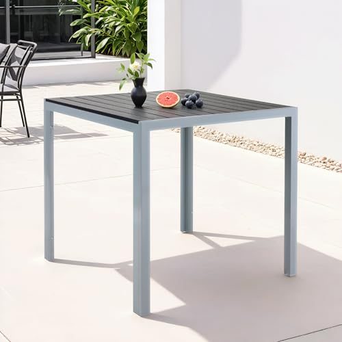 Clevich Gartentisch Wetterfeste, 75x75cm, Outdoor-Esstisch, WPC-Balkontisch, Aluminiumrahmen, Wetterfeste Gartenmöbel, quadratischer Terrassentisch, Silber Grau von Clevich