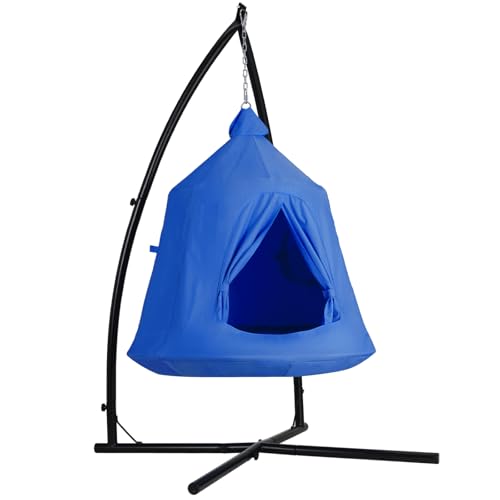 Clevich Hängehöhle mit Gestell,Hängesessel for Indoor & Outdoor,Camping Hängezelt,Hänge Spielzelt,Hängezelt int LED-Leuchten,Hängematte mit aufblasbarem Kissen,150kg Kapazität,Deckenschaukel (Blauw) von Clevich