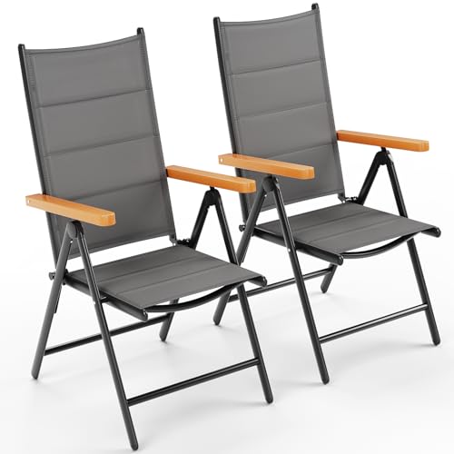 Clevich Hochlehner-Klappstühle für Garten & Balkon aus Aluminium (2er Set), Gartenstühle mit WPC-Armlehnen – 7-Fach Verstellbarer Outdoor-Esszimmerstuhl, 2 Stück Grau von Clevich