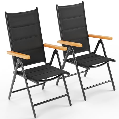 Clevich Hochlehner-Klappstühle für Garten & Balkon aus Aluminium (2er Set), Gartenstühle mit WPC-Armlehnen – 7-Fach Verstellbarer Outdoor-Esszimmerstuhl, 2 Stück Schwarz von Clevich