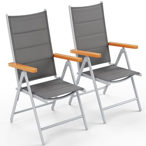 Clevich Hochlehner-Klappstühle für Garten & Balkon aus Aluminium (2er Set), Gartenstühle mit WPC-Armlehnen – 7-Fach Verstellbarer Outdoor-Esszimmerstuhl, 2 Stück Silbergrau von Clevich