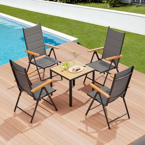 Clevich Hochlehner-Klappstühle für Garten & Balkon aus Aluminium (4er Set), Gartenstühle mit WPC-Armlehnen – 7-Fach Verstellbarer Outdoor-Esszimmerstuhl, 4 Stück Grau von Clevich