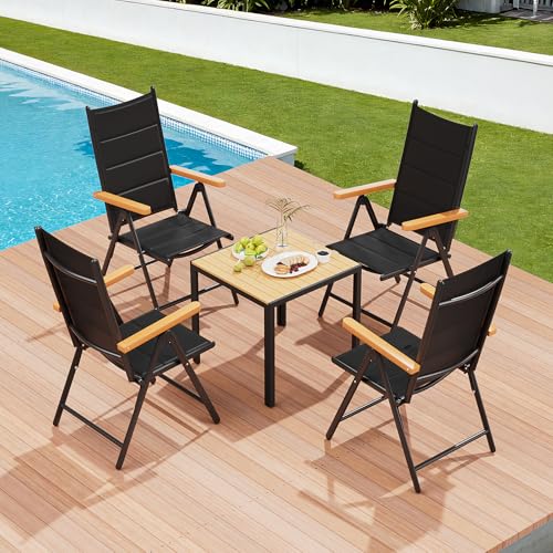 Clevich Hochlehner-Klappstühle für Garten & Balkon aus Aluminium (4er Set), Gartenstühle mit WPC-Armlehnen – 7-Fach Verstellbarer Outdoor-Esszimmerstuhl, 4 Stück Schwarz von Clevich