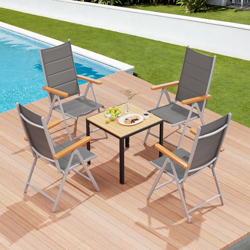 Clevich Hochlehner-Klappstühle für Garten & Balkon aus Aluminium (4er Set), Gartenstühle mit WPC-Armlehnen – 7-Fach Verstellbarer Outdoor-Esszimmerstuhl, 4 Stück Silbergrau von Clevich