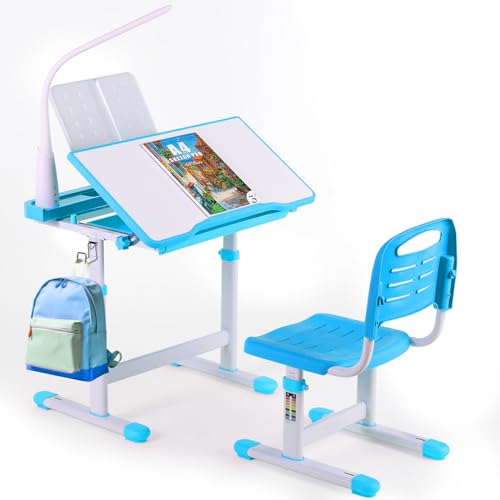 Clevich Höhenverstellbarer Schreibtisch und Stuhl Set,Kinderschreibtisch Stuhl mit Lampe, Jugendschreibtisch Kinder Multifunktionaler Schülerschreibtisch mit Stuhl und Schublade LesestäNder (Blau) von Clevich