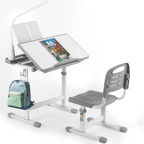 Clevich Höhenverstellbarer Schreibtisch und Stuhl Set,Kinderschreibtisch Stuhl mit Lampe, Jugendschreibtisch Kinder Multifunktionaler Schülerschreibtisch mit Stuhl und Schublade LesestäNder (Grau) von Clevich