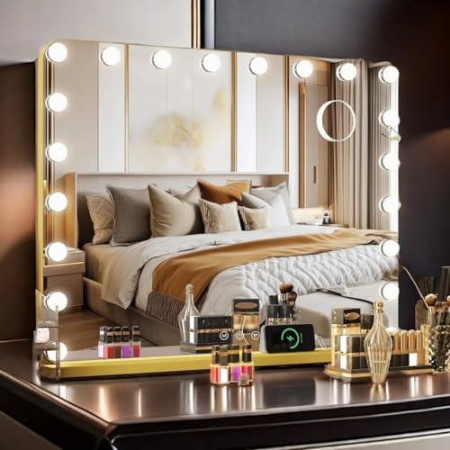 Clevich Hollywood Spiegel mit Beleuchtung, 80 x 60 cm, 20 LED Dimmbar, Rahmen aus Aluminiumlegierung, mit USB Ausgang, 10X Lupe, Schlafzimmer, Wohnzimmer, Ankleidezimmer, Badezimmer, Gold Clevich Hollywood Spiegel mit Beleuchtung, 80 x 60 cm, 20 LED Dimmbar, Rahmen aus Aluminiumlegierung, mit USB Ausgang, 10X Lupe, Schlafzimmer, Wohnzimmer, Ankleidezimmer, Badezimmer, Gold von Clevich