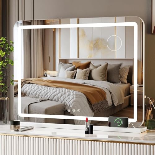 Clevich Schminkspiegel mit Beleuchtung 80x60cm, Touch Schalter mit Dimmbar 3 Modi, mit USB und 10X Vergrößerung, für Schlafzimmer, Badezimmer, Flur, Wohnzimmer, Gästetoilette (Weiß, 80 x 60 cm) von Clevich