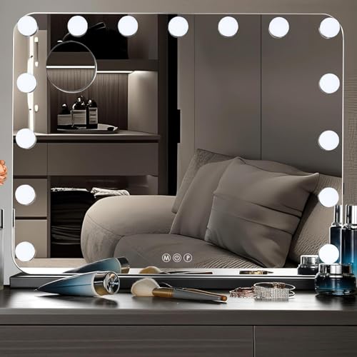 Clevich Hollywood Spiegel mit Licht, 58x46 cm,Schminkspiegel mit Beleuchtung,15 Dimmbare LED, 3 Farbtemperatur,Schminktischspiegel mit Touch Steuerung und USB,Schwarz,Wandspiegel oder Tischspiegel von Clevich
