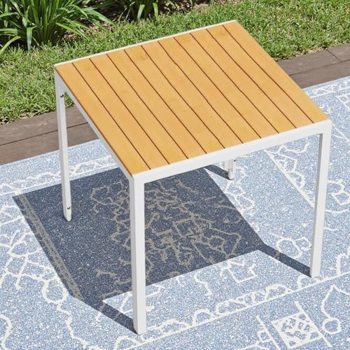 Clevich Wetterfester Gartentisch 75x75 cm, Quadratisch aus Aluminium mit WPC Tischplatte,Outdoor Esstisch für Balkon und Terrasse, pflegeleicht und langlebig, Weiß+Teak von Clevich