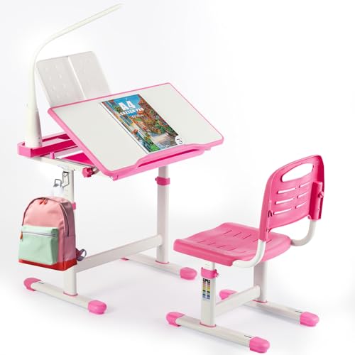 Clevich Höhenverstellbarer Schreibtisch und Stuhl Set, Kinderschreibtisch Stuhl mit Lampe, Jugendschreibtisch Kinder Multifunktionaler Schülerschreibtisch mit Schublade LesestäNder (Dunkelrosa) von Clevich