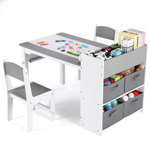 Kindertisch mit 2 Stühlen, Kindertisch mit Stauraum, Kinder Tisch Stuhl Set Holz,Maltisch Schreibtisch mit Papierrolle und 4 Aufbewahrungskiste,Kindersitzgruppe für Kinderzimmer Kindertagesstätte,Grau von Clevich