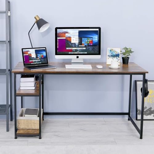 Schreibtisch 120cm, Computertisch mit 2 Regale,Gaming Tisch mit Metall Hake, Modern Office Desk, Bürotisch, Officetisch für Home Office Schule, Einfache Montage, Braun von Clevich