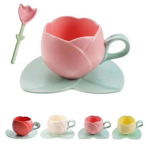 Tulpen-Kaffeetasse, Tulpen-Tasse, Tulipan-förmige Keramik-Kaffeetasse, handtaschenförmige Tasse und Untertasse Für das Homeoffice (Pink, 300ml) von Clgorm