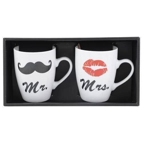 MR & MRS Kaffeebecher Set Kaffeetassen Valentinstag Tassen Kaffee Kussmund Bart (1 x 2er Set) von DRULINE