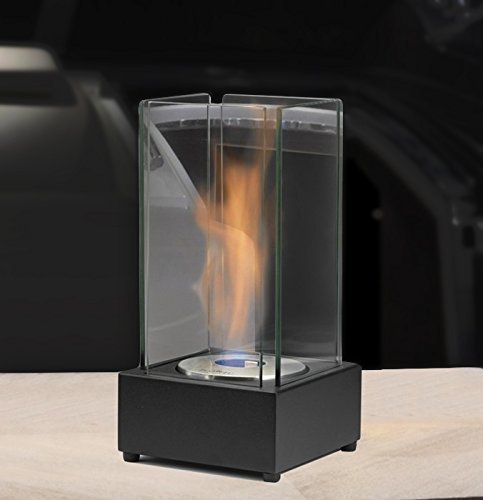 DENVER Tischkamin Bio Ethanol Tischfeuer mit Sicherheitsglas Kamin Luxuskamin Gelkamin Glasfeuer Dekofeuer Standkamin Lounge-Feuer Avantgarde Sockel & Glaswand Eckig Brennkammern 35 x 18 x 18 cm, 3 x 300 ml Brenner Schwarz Klar von DRULINE