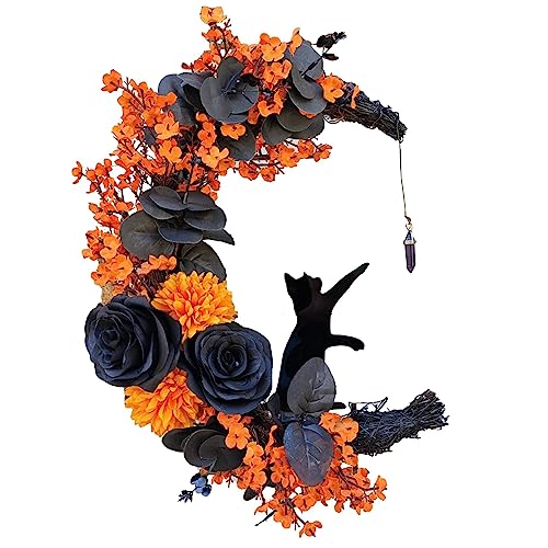 Clicitina Mondkatzenkranz mit Blumen und Bezaubernder Türdekoration, Halloween-Mondkatze, Heimdekoration, Geschenk, Halloween-Partydekorationen für Katzenliebhaber mit Lichtern BuQ65 von Clicitina