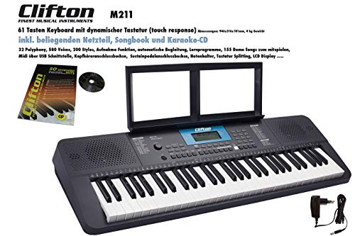 Clifton M211 Keyboard mit 61 dynamische Tasten, USB, MIDI, Netzteil, Lernbuch, Karaoke CD Notenhalter Clifton M211 Keyboard mit 61 dynamische Tasten, USB, MIDI, Netzteil, Lernbuch, Karaoke CD Notenhalter von CLIFTON