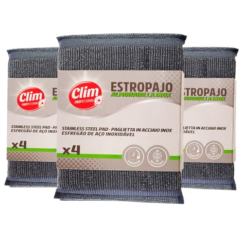 Clim Profesional 12 Scheuerpads aus Edelstahl, robust und effektiv für hartnäckige Reinigung und hartnäckigen Schmutz in Küchen und Utensilien von Clim Profesional