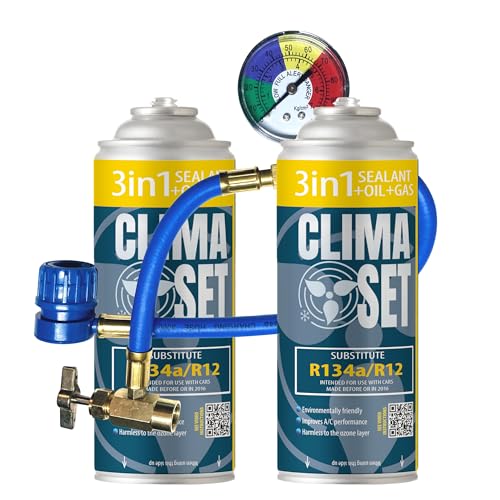 ClimaSet 3in1 R134a Kältemittel Ersatzgas - Kühlmittel Klima Auto mit Klima Dichtmittel und Öl - Gasflasche 2x170 g Auto Klimaanlage Nachfüllset - Klimaanlage Wohnmobil Klimaanlage Schlauch von Clima Set