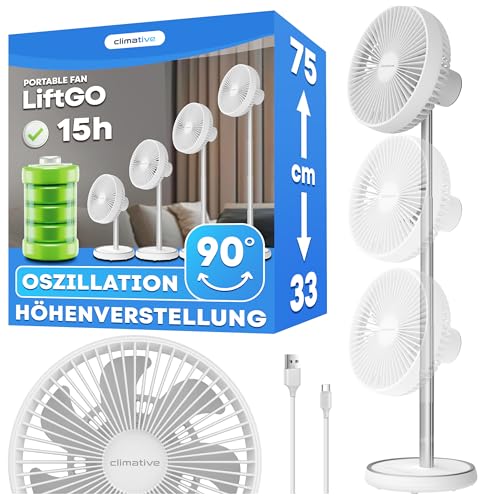Climative Tischventilator Sehr Leise 34–75 cm USB Ventilator Akku 15h Table Fan LiftGo Standventilator 4 Modi 450 m³/h Oszillierend Ventilator Camping & Büro Weiß von Climative