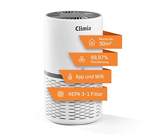 Climia CLR 250 Luftreiniger – 99,9% Filterleistung, mit Hepa Luftfilter und Aktivkohlefilter, 3-in-1 True-HEPA Raumluftfilter mit Wifi-Modul und App bis 30 m2 (Weiß/Grau) von Climia