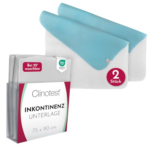 Clinotest Inkontinenzunterlage 2er Set – Oeko-TEX zertifizierte, wasserdichte und atmungsaktive Bettunterlage, 75x90 cm, saugfähiger Matratzenschutz bei Inkontinenz, Nässeschutz, waschbar - Weiß/Blau von Clinotest