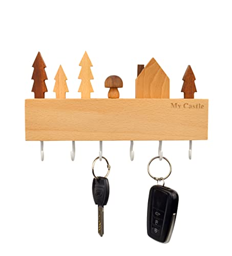 Cliocoo Dekorativer Schlüsselhaken aus Holz, Wandmontage, Schlüsselaufhänger mit 6 Haken, natürliche Holzfarbe, mit Dübeln und Schrauben, Wanddekoration für Eingangsbereich (weiß) von Cliocoo