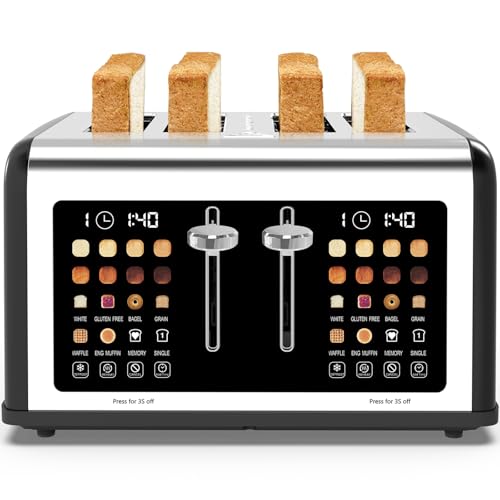 4-Scheiben-Toaster, Touch-Display, Toaster aus Edelstahl, Doppelbedienfeld-Toaster, 8 Schatteneinstellungen, 6 Brotsorten für Bagel, Abbrechen, Auftauen 1650 W, Farbe: von Clixane