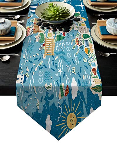Cllym Griechenland-Insel-Karte Cartoon Tischläufer Tischfahne Zuhause-Party Dekorative Tischdecke Tischläufer,46x183cm von Cllym