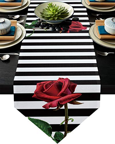 Cllym Schwarzweiß gestreifte rote Rose Tischläufer Hochzeit Tischdeko Blumen-Kuchen Tischdecke Esstisch Dekor für Bankett,33x178cmTable Runner von Cllym