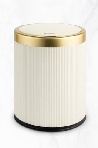 12L Kleiner Abfalleimer mit Klickdeckel - Inklusive gratis 50 Müllbeutel - Stilvoller Abfalleimer für Wohnzimmer, Küche, Bad & Offic (Weiß und Gold) von ClockUniverse