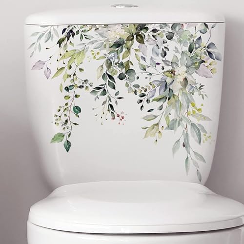 Grüne Pflanze Blätter Blumen Toilettensitz Deckel Aufkleber Selbstklebend Badezimmer Wandaufkleber Grünes Blatt Floral DIY Abnehmbare wasserdichte Toilettenaufkleber für Badezimmer Spülkasten Dekor von Clockjuan