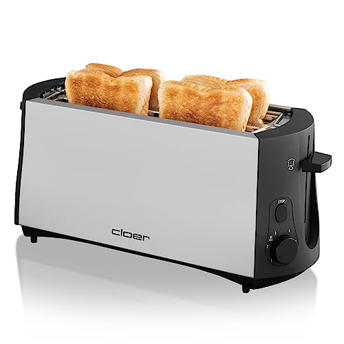 Cloer 3710 Langschlitztoaster für 4 Toastscheiben, 1380 W, integrierter Brötchenaufsatz, Nachhebevorrichtung, Krümelschublade, mattiertes wärmeisoliertes Metallgehäuse von Cloer