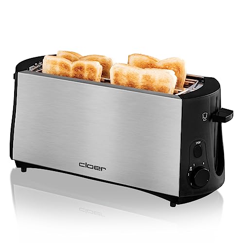 Cloer 3719 Langschlitztoaster für 4 Toastscheiben, 1380 W, integrierter Brötchenaufsatz, Nachhebevorrichtung, Krümelschublade, wärmeisoliertes Edelstahlgehäuse, schwarz/Edelstahl von Cloer