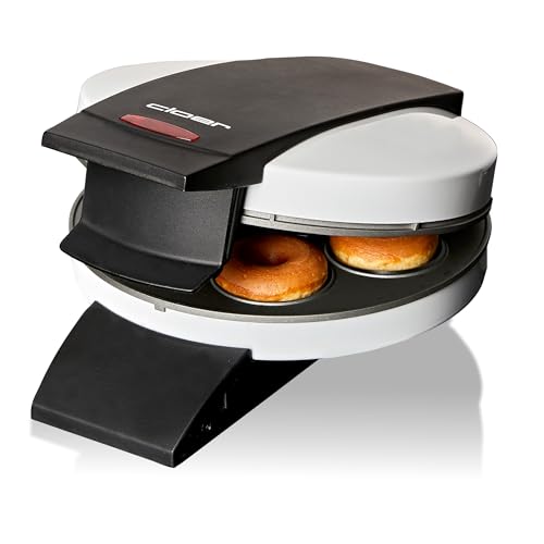 Cloer 6121 Donut Maker für 6 Mini-Donuts oder Bagels, Antihaftbeschichtung, rote Kontrollleuchte, platzsparend verstaubar, Kabelaufwicklung, Steckerdepot, 520 W, weißes Metallgehäuse von Cloer