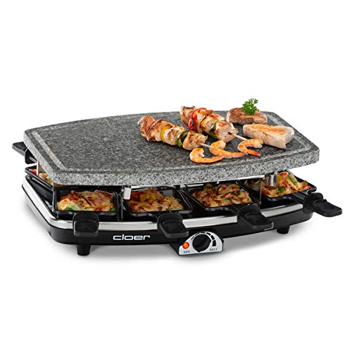 Cloer 6430 Raclette-Grill mit Naturstein, 1200 Watt, 8 Pfännchen antihaftbeschichtet mit wärmeisolierten Griffen von Cloer