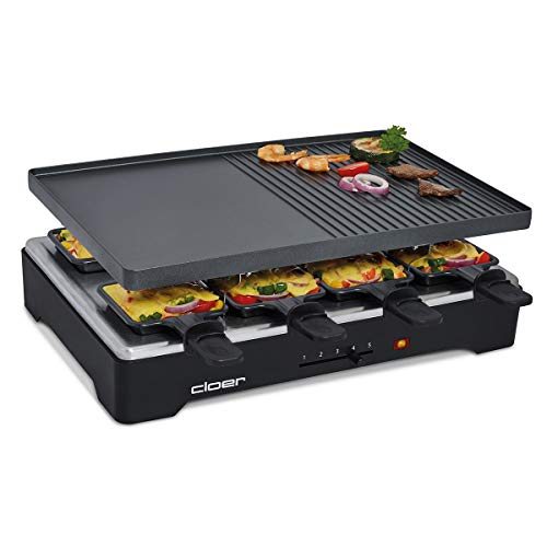 Cloer 6446 Raclettegrill mit Aluminium Druckguss Platte - beidseitig verwendbar, 1200 W, 8 antihaftbeschichtete Raclettepfännchen, schwarz von Cloer