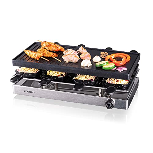 Cloer 6458 Raclettegrill mit Aluminium-Druckguss Platte, 1200 W, 8 antihaftbeschichtete Raclettepfännchen, Kunststoffspachtel, unbeheizter Parkplatz, Aluminium von Cloer