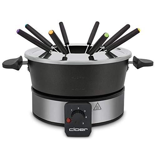 Cloer 6679 Fondue für 8 Personen, beschichteter Aluminiumtopf, inklusive Spritzschutz, 8 farbig markierte Gabeln 1,5 Liter, 1000 W, silber, schwarz von Cloer