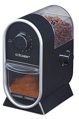 Cloer 7560 Elektrische Kaffeemühle mit Scheibenmahlwerk, 100 W, für 150 g Kaffeebohnen, für 2-12 Tassen, verstellbarer Mahlgrad, schwarz von Cloer