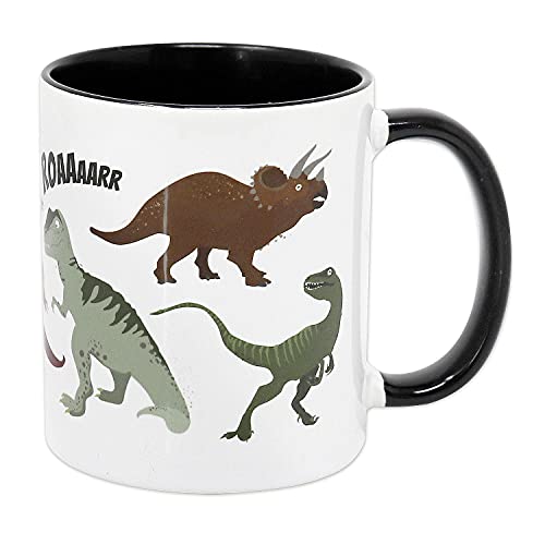 Close Up Dino Tasse Keramik - Kindertasse Dinosaurier, ca. 350 ml, weiß, Schwarze Innenseite + Henkel von Close Up