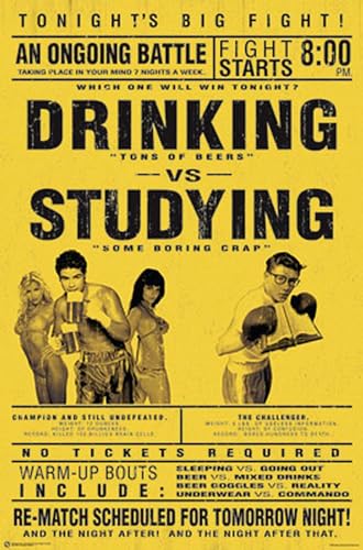 Close Up Drinking vs. Studying Poster Studenten Poster (58,5cm x 89cm) von Close Up