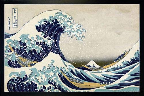 Close Up Great Wave of Kanagawa Poster Katsushika Hokusai (96,5x66 cm) gerahmt in: Rahmen schwarz von Close Up