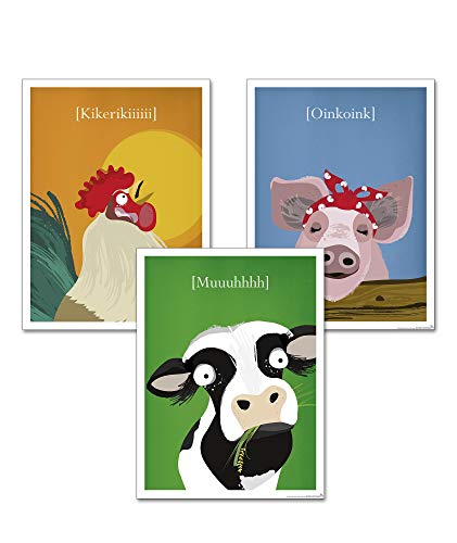Close Up Kinderzimmer Poster Bauernhof 3er-Set (30 x 40 cm | 11,8x15,7") Babyzimmer Deko Bilder, Tiere Kunstdruck - Hahn, Kuh & Schwein von Close Up