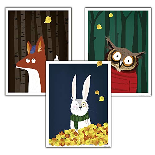 Close Up Kinderzimmer Poster Wald, 3er-Set (30 x 40 cm | 11,8x15,7") Babyzimmer Deko Bilder, Tiere Kunstdruck - Fuchs, Hase & Eule von Close Up