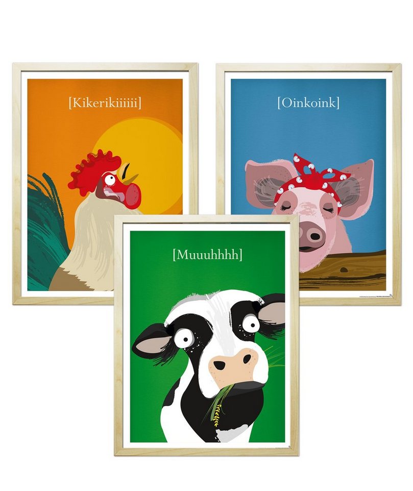 Close Up Kunstdruck Kinderzimmer Poster Bauernhof 3er-Set gerahmt kieferfarben von Close Up