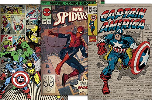 Close Up Marvel Comics Poster - Retro 3er Set - Spider-Man/Captain America/Thor/Hulk/Wolverine/Iron Man, je 61x91,5 cm + 1 Traumstrand Poster Insel Bora Bora zusätzlich von Close Up