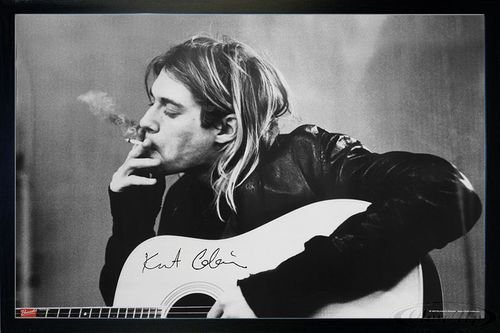 Close Up Nirvana Poster Kurt Cobain Smoking & Guitar (96,5x66 cm) gerahmt in: Rahmen schwarz von Close Up