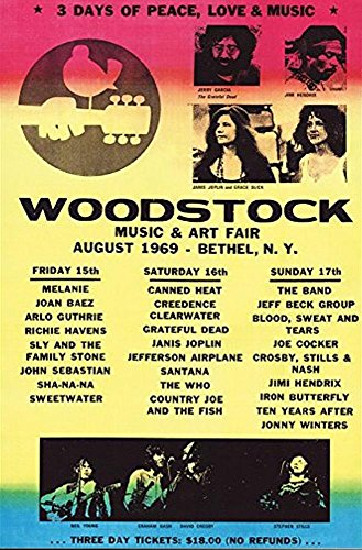 Woodstock Poster Line Up (61cm x 91,5cm) + 2 St. Schwarze Posterleisten mit Aufhängung von Close Up